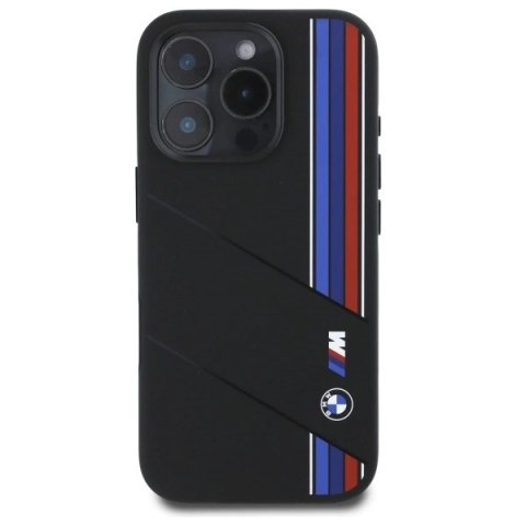 Etui BMW Silicone Cut Tricolor Lines MagSafe na iPhone 16 Pro - czarne Etui BMW Silicone Cut Tricolor Lines MagSafe na iPhone 16 Pro - czarne