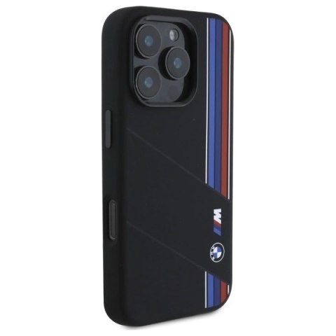 Etui BMW Silicone Cut Tricolor Lines MagSafe na iPhone 16 Pro - czarne Etui BMW Silicone Cut Tricolor Lines MagSafe na iPhone 16 Pro - czarne