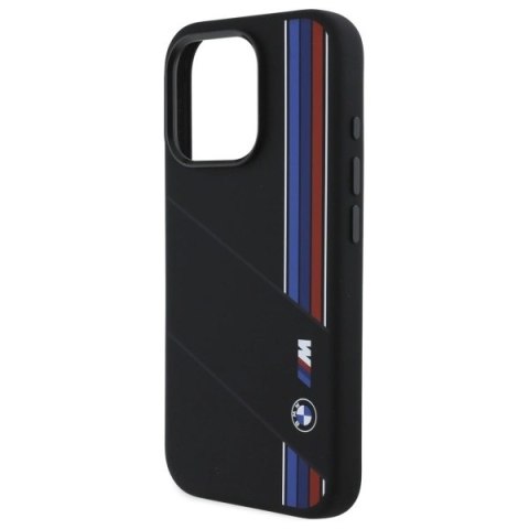 Etui BMW Silicone Cut Tricolor Lines MagSafe na iPhone 16 Pro - czarne Etui BMW Silicone Cut Tricolor Lines MagSafe na iPhone 16 Pro - czarne