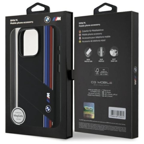 Etui BMW Silicone Cut Tricolor Lines MagSafe na iPhone 16 Pro - czarne Etui BMW Silicone Cut Tricolor Lines MagSafe na iPhone 16 Pro - czarne