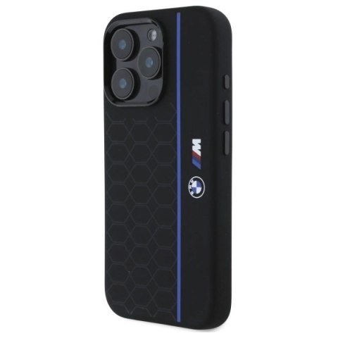Etui BMW Silicone Hexagon Blue Line MagSafe na iPhone 16 Pro - czarne Etui BMW Silicone Hexagon Blue Line MagSafe na iPhone 16 Pro - czarne
