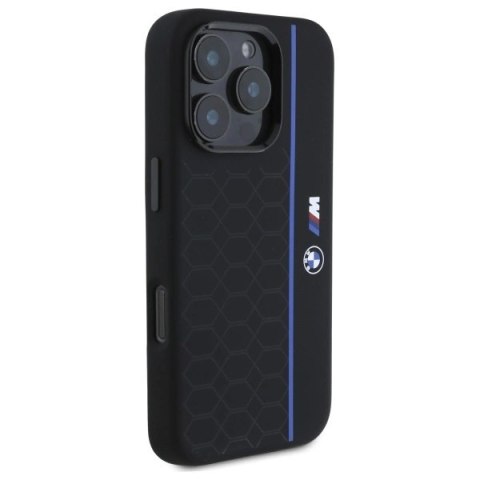 Etui BMW Silicone Hexagon Blue Line MagSafe na iPhone 16 Pro - czarne Etui BMW Silicone Hexagon Blue Line MagSafe na iPhone 16 Pro - czarne