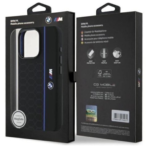 Etui BMW Silicone Hexagon Blue Line MagSafe na iPhone 16 Pro - czarne Etui BMW Silicone Hexagon Blue Line MagSafe na iPhone 16 Pro - czarne