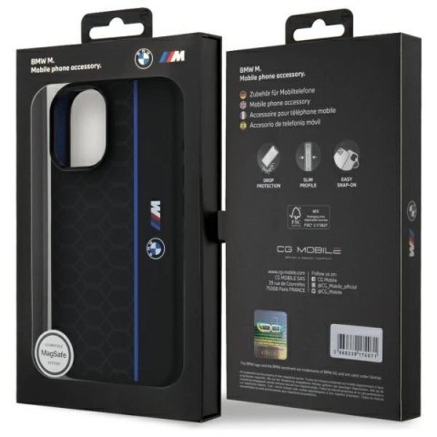 Etui BMW Silicone Hexagon Blue Line MagSafe na iPhone 16 - czarne Etui BMW Silicone Hexagon Blue Line MagSafe na iPhone 16 - czarne