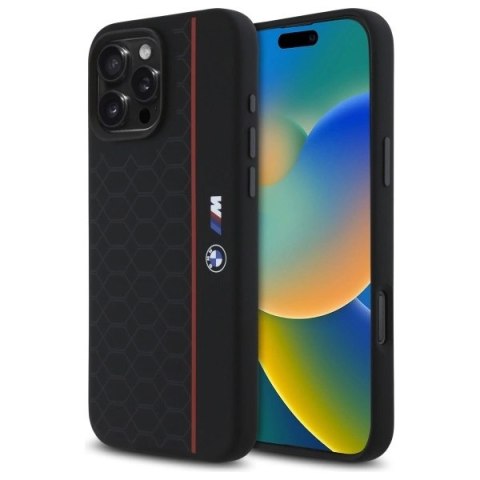Etui BMW Silicone Hexagon Red Line MagSafe na iPhone 16 Pro Max - czarne Etui BMW Silicone Hexagon Red Line MagSafe na iPhone 16 Pro Max - czarne