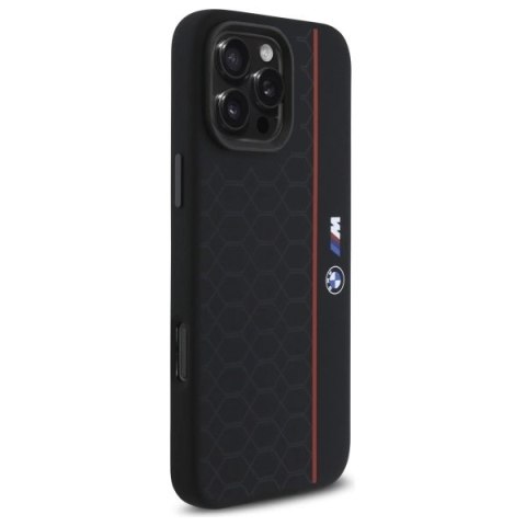 Etui BMW Silicone Hexagon Red Line MagSafe na iPhone 16 Pro Max - czarne Etui BMW Silicone Hexagon Red Line MagSafe na iPhone 16 Pro Max - czarne