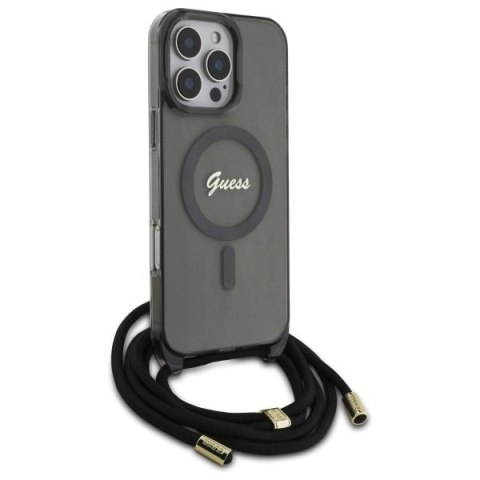 Etui Guess Crossbody Cord Script MagSafe na iPhone 16 Pro - czarne Etui Guess Crossbody Cord Script MagSafe na iPhone 16 Pro - czarne