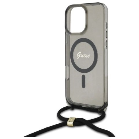 Etui Guess Crossbody Cord Script MagSafe na iPhone 16 Pro - czarne Etui Guess Crossbody Cord Script MagSafe na iPhone 16 Pro - czarne