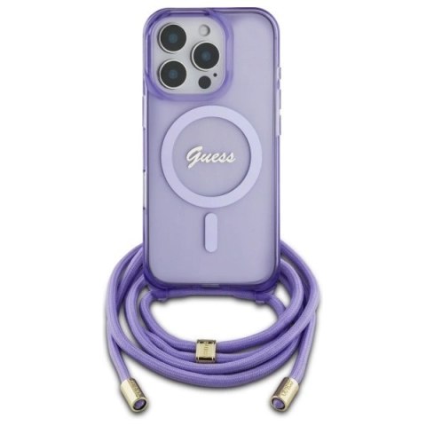 Etui Guess Crossbody Cord Script MagSafe na iPhone 16 Pro - fioletowe Etui Guess Crossbody Cord Script MagSafe na iPhone 16 Pro - fioletowe