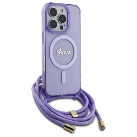 Etui Guess Crossbody Cord Script MagSafe na iPhone 16 Pro - fioletowe Etui Guess Crossbody Cord Script MagSafe na iPhone 16 Pro - fioletowe