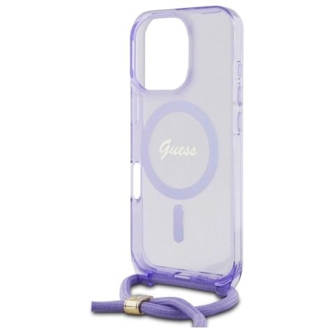 Etui Guess Crossbody Cord Script MagSafe na iPhone 16 Pro - fioletowe Etui Guess Crossbody Cord Script MagSafe na iPhone 16 Pro - fioletowe