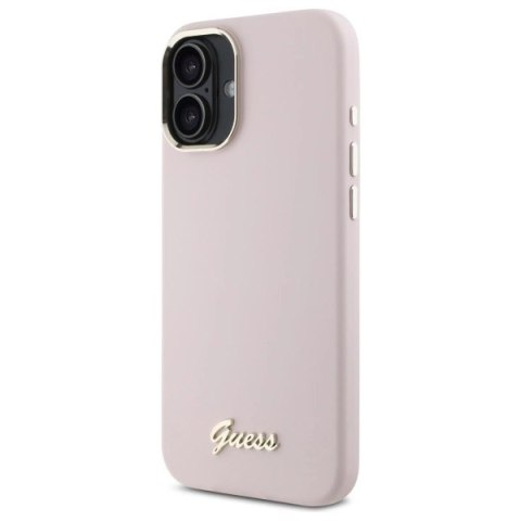 Etui Guess Silicone Script Metal Logo & Frame na iPhone 16 - różowe Etui Guess Silicone Script Metal Logo & Frame na iPhone 16 - różowe