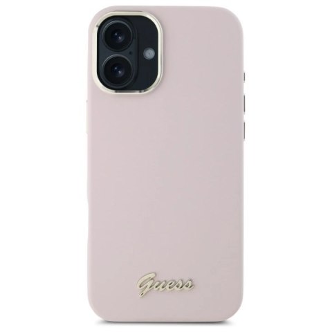 Etui Guess Silicone Script Metal Logo & Frame na iPhone 16 - różowe Etui Guess Silicone Script Metal Logo & Frame na iPhone 16 - różowe