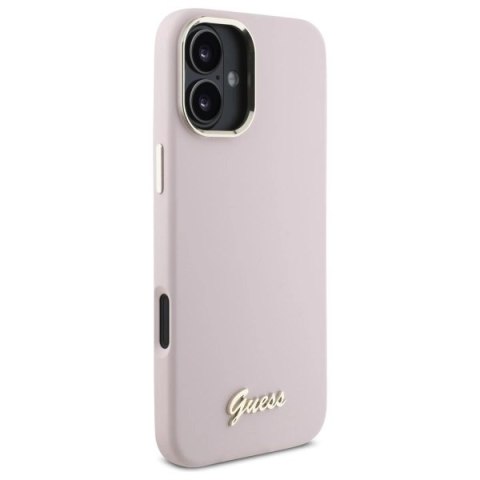 Etui Guess Silicone Script Metal Logo & Frame na iPhone 16 - różowe Etui Guess Silicone Script Metal Logo & Frame na iPhone 16 - różowe