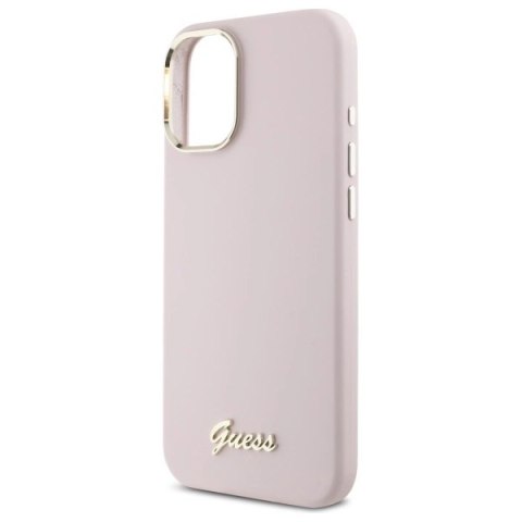 Etui Guess Silicone Script Metal Logo & Frame na iPhone 16 - różowe Etui Guess Silicone Script Metal Logo & Frame na iPhone 16 - różowe