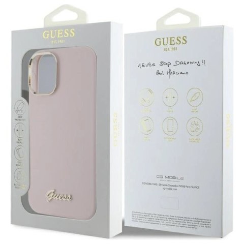 Etui Guess Silicone Script Metal Logo & Frame na iPhone 16 - różowe Etui Guess Silicone Script Metal Logo & Frame na iPhone 16 - różowe