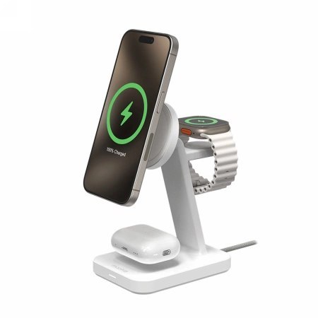 Stojąca ładowarka bezprzewodowa ZAGG Mophie Snap+ 3-in-1 Qi2 do trzech urządzeń kompatybilna z MagSafe i Qi2 - biała Stojąca ładowarka bezprzewodowa ZAGG Mophie Snap+ 3-in-1 Qi2 do trzech urządzeń kompatybilna z MagSafe i Qi2 - biała