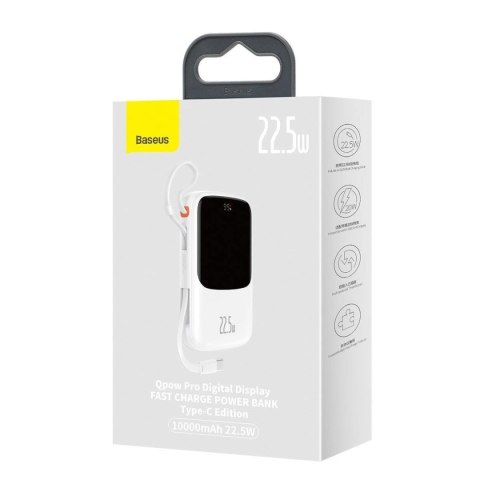 Baseus Qpow Digital Display powerbank z szybkim ładowaniem 10000mAh 22,5W QC/PD/SCP/FCP z wbudowanym kablem USB-C biały Baseus Qpow Digital Display powerbank z szybkim ładowaniem 10000mAh 22,5W QC/PD/SCP/FCP z wbudowanym kablem USB-C biały
