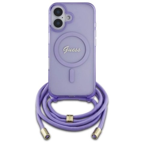 Etui Guess Crossbody Cord Script MagSafe na iPhone 16 - fioletowe Etui Guess Crossbody Cord Script MagSafe na iPhone 16 - fioletowe