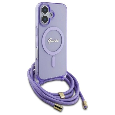 Etui Guess Crossbody Cord Script MagSafe na iPhone 16 - fioletowe Etui Guess Crossbody Cord Script MagSafe na iPhone 16 - fioletowe