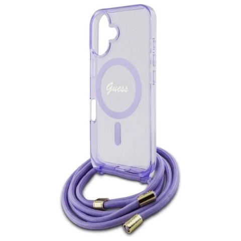 Etui Guess Crossbody Cord Script MagSafe na iPhone 16 - fioletowe Etui Guess Crossbody Cord Script MagSafe na iPhone 16 - fioletowe