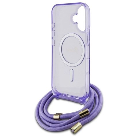 Etui Guess Crossbody Cord Script MagSafe na iPhone 16 - fioletowe Etui Guess Crossbody Cord Script MagSafe na iPhone 16 - fioletowe