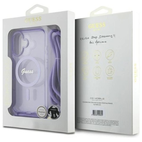 Etui Guess Crossbody Cord Script MagSafe na iPhone 16 - fioletowe Etui Guess Crossbody Cord Script MagSafe na iPhone 16 - fioletowe