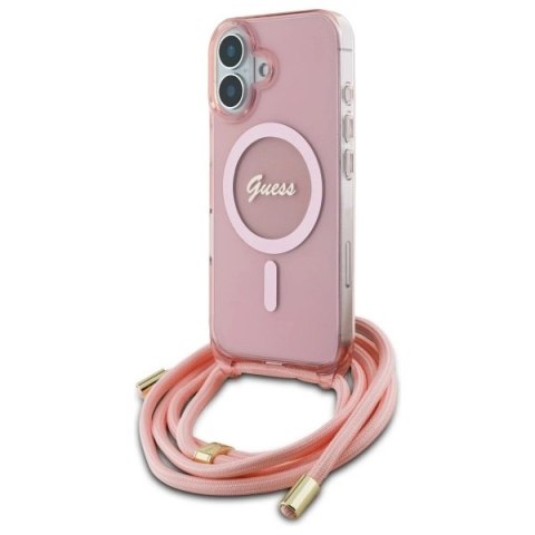 Etui Guess Crossbody Cord Script MagSafe na iPhone 16 - różowe Etui Guess Crossbody Cord Script MagSafe na iPhone 16 - różowe