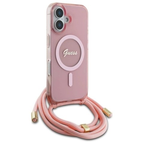 Etui Guess Crossbody Cord Script MagSafe na iPhone 16 - różowe Etui Guess Crossbody Cord Script MagSafe na iPhone 16 - różowe