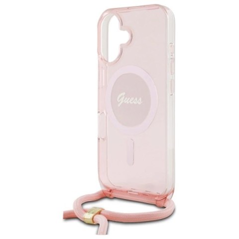 Etui Guess Crossbody Cord Script MagSafe na iPhone 16 - różowe Etui Guess Crossbody Cord Script MagSafe na iPhone 16 - różowe
