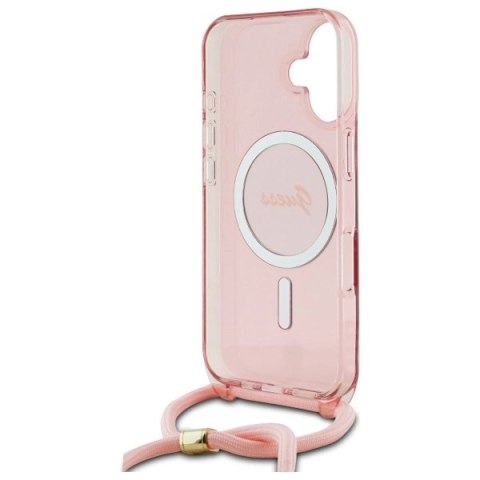 Etui Guess Crossbody Cord Script MagSafe na iPhone 16 - różowe Etui Guess Crossbody Cord Script MagSafe na iPhone 16 - różowe