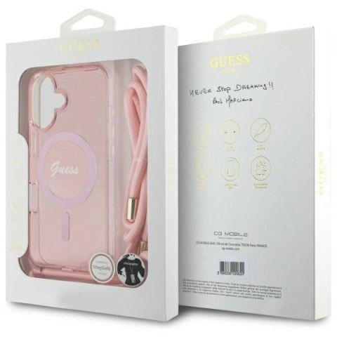 Etui Guess Crossbody Cord Script MagSafe na iPhone 16 - różowe Etui Guess Crossbody Cord Script MagSafe na iPhone 16 - różowe