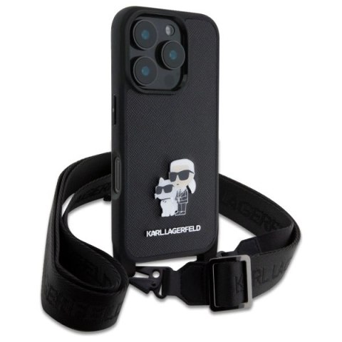 Etui Karl Lagerfeld Saffiano Karl&Choupette Metal Pin CBDY Strap na iPhone 16 Pro - czarne Etui Karl Lagerfeld Saffiano Karl&Choupette Metal Pin CBDY Strap na iPhone 16 Pro - czarne
