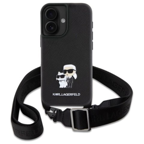 Etui Karl Lagerfeld Saffiano Karl&Choupette Metal Pin CBDY Strap na iPhone 16 - czarne Etui Karl Lagerfeld Saffiano Karl&Choupette Metal Pin CBDY Strap na iPhone 16 - czarne