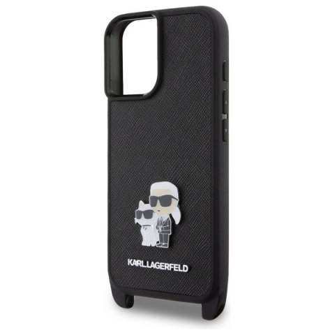 Etui Karl Lagerfeld Saffiano Karl&Choupette Metal Pin CBDY Strap na iPhone 16 - czarne Etui Karl Lagerfeld Saffiano Karl&Choupette Metal Pin CBDY Strap na iPhone 16 - czarne
