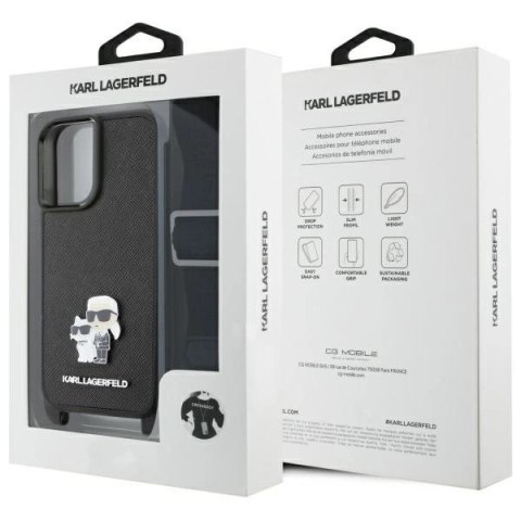 Etui Karl Lagerfeld Saffiano Karl&Choupette Metal Pin CBDY Strap na iPhone 16 - czarne Etui Karl Lagerfeld Saffiano Karl&Choupette Metal Pin CBDY Strap na iPhone 16 - czarne
