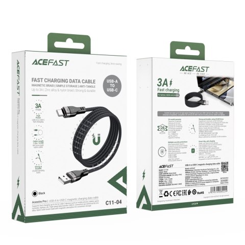 Kabel Acefast C11-04 USB-A - USB-C 3A 1,2 m w magnetycznym oplocie - czarny Kabel Acefast C11-04 USB-A - USB-C 3A 1,2 m w magnetycznym oplocie - czarny