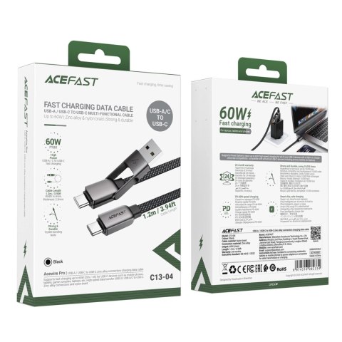 Kabel Acefast C13-04 USB-C - USB-A / USB-C 480Mb/s 3A 1.2m - czarny Kabel Acefast C13-04 USB-C - USB-A / USB-C 480Mb/s 3A 1.2m - czarny