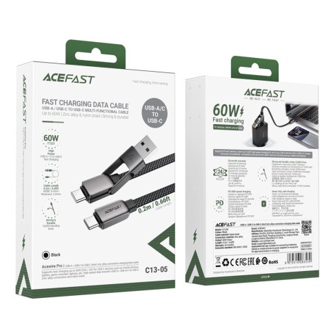 Kabel Acefast C13-05 USB-C - USB-A / USB-C 480Mb/s 3A 0.2m - czarny Kabel Acefast C13-05 USB-C - USB-A / USB-C 480Mb/s 3A 0.2m - czarny