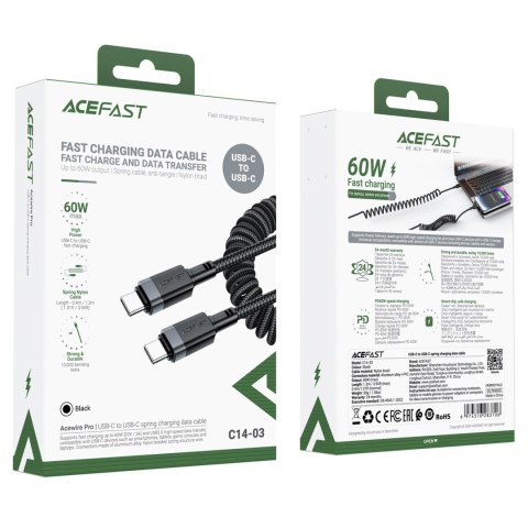 Kabel Acefast C14-03 USB-C - USB-C sprężynowy 480Mb/s 3A 1.2m - czarny Kabel Acefast C14-03 USB-C - USB-C sprężynowy 480Mb/s 3A 1.2m - czarny