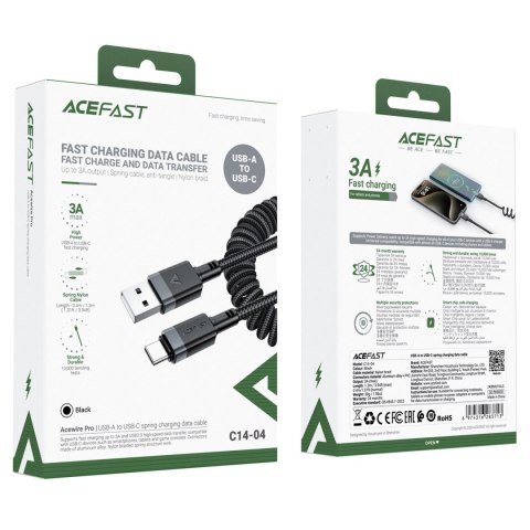 Kabel Acefast C14-04 USB-A - USB-C sprężynowy 480Mb/s 3A 1.2m - czarny Kabel Acefast C14-04 USB-A - USB-C sprężynowy 480Mb/s 3A 1.2m - czarny