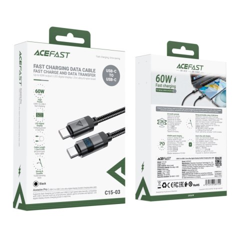 Kabel Acefast C15-04 USB-C - USB-C z wyświetlaczem 480Mb/s 66W 1.2m - czarny Kabel Acefast C15-04 USB-C - USB-C z wyświetlaczem 480Mb/s 66W 1.2m - czarny