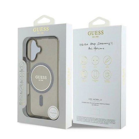 Etui Guess IML Glitter Circle MagSafe na iPhone 16 - czarne Etui Guess IML Glitter Circle MagSafe na iPhone 16 - czarne