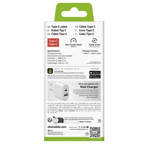 Kabel SBS TECABLETCC10W USB-C - USB-C Power Delivery 25W 1 m - biały Kabel SBS TECABLETCC10W USB-C - USB-C Power Delivery 25W 1 m - biały