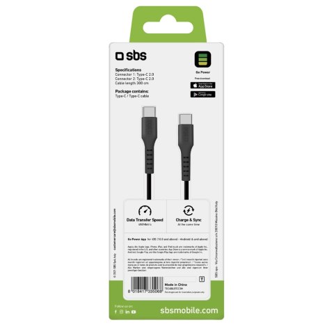 Kabel SBS TECABLETCC3M USB-C - USB-C 3m - czarny Kabel SBS TECABLETCC3M USB-C - USB-C 3m - czarny