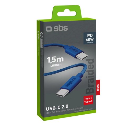 Kabel SBS TECABLETISSUETCCB USB-C - USB-C 1,5m 60W w oplocie - niebieski Kabel SBS TECABLETISSUETCCB USB-C - USB-C 1,5m 60W w oplocie - niebieski