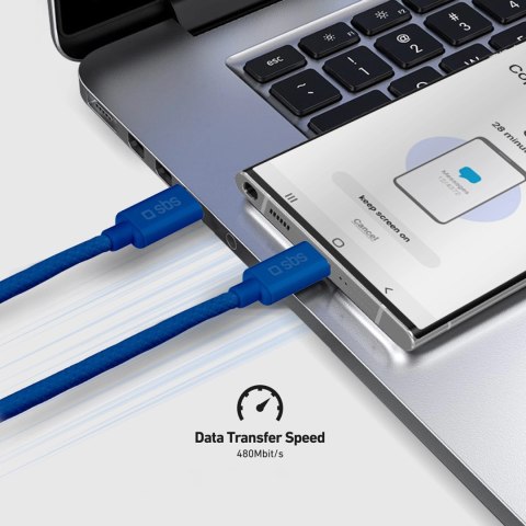 Kabel SBS TECABLETISSUETCCB USB-C - USB-C 1,5m 60W w oplocie - niebieski Kabel SBS TECABLETISSUETCCB USB-C - USB-C 1,5m 60W w oplocie - niebieski