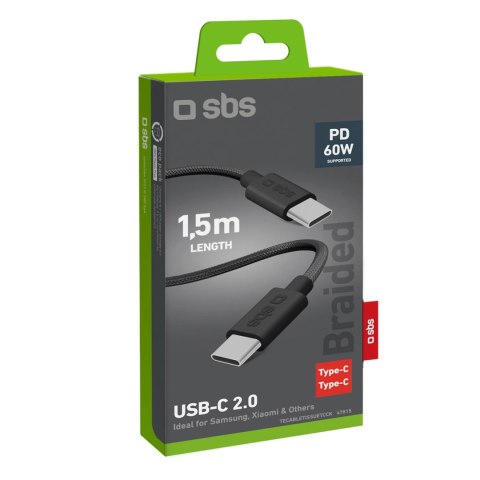 Kabel SBS TECABLETISSUETCCK USB-C - USB-C 1,5m 60W w oplocie - czarny Kabel SBS TECABLETISSUETCCK USB-C - USB-C 1,5m 60W w oplocie - czarny