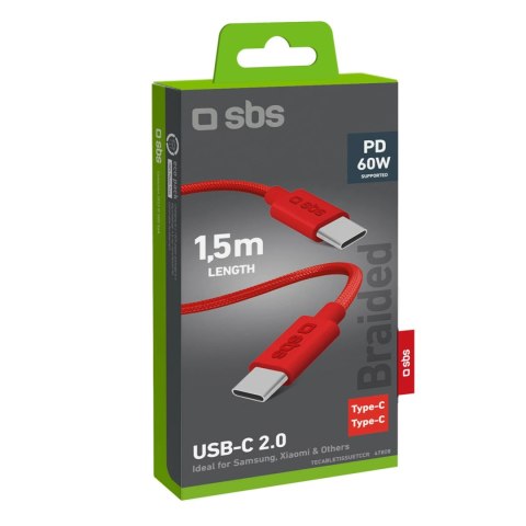 Kabel SBS TECABLETISSUETCCR USB-C - USB-C 1,5m 60 W w oplocie - czerwony Kabel SBS TECABLETISSUETCCR USB-C - USB-C 1,5m 60 W w oplocie - czerwony