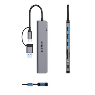 Hub USB-A/USB-C Orico YSA8-U3 stacja dokująca 3x USB-A 2.0 + 1x USB-A 3.0 + 1x USB-C 2.0 + 1x 3,5mm audio + 2x TF&SD - szary